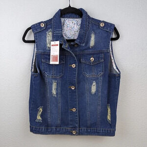 Blue Jean/ Denim Vest Sleeveless Distressed Button Front Size Medium